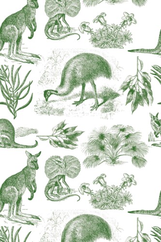 Fancy Walls traditional wallpaper featuring calming green botanical and animal sketches.