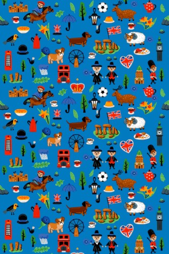 Fancy Walls removable wallpaper showcasing cheerful UK tourist motifs on blue.