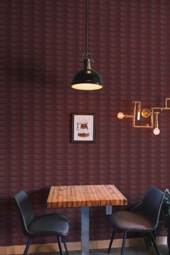 Fancy Walls peel and stick wallpaper with a deep brown 3D tile geometric pattern.