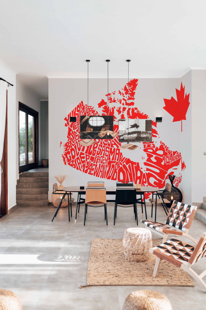 Fancy Walls Artistic Canada Map wall mural peel and stick featuring stylized red province lettering