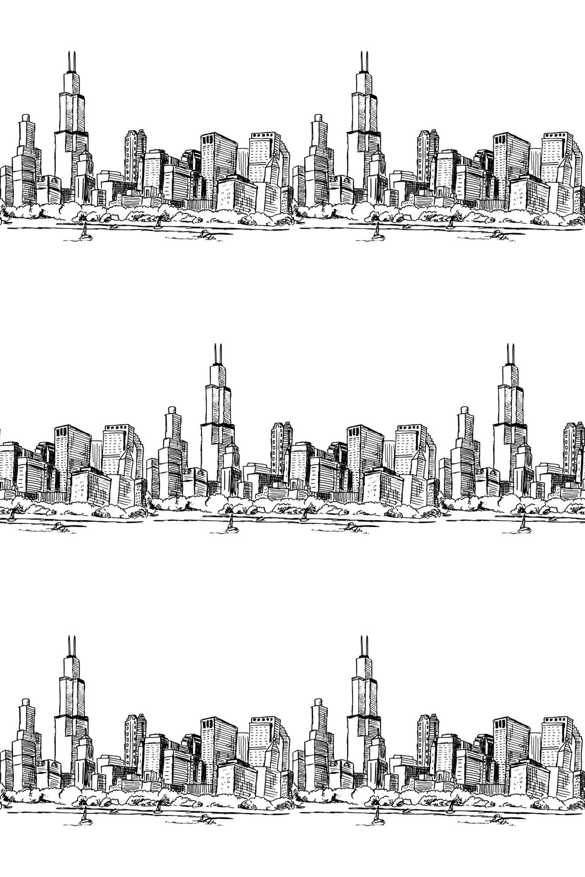 Fancy Walls removable wallpaper showing black and white Chicago landmark skyline.