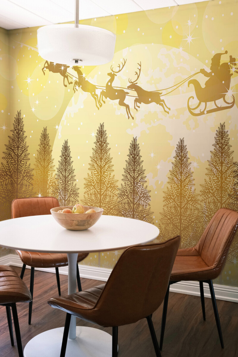 Fancy Walls Christmas Magic wall mural peel and stick design featuring yellow festive forest scenery.