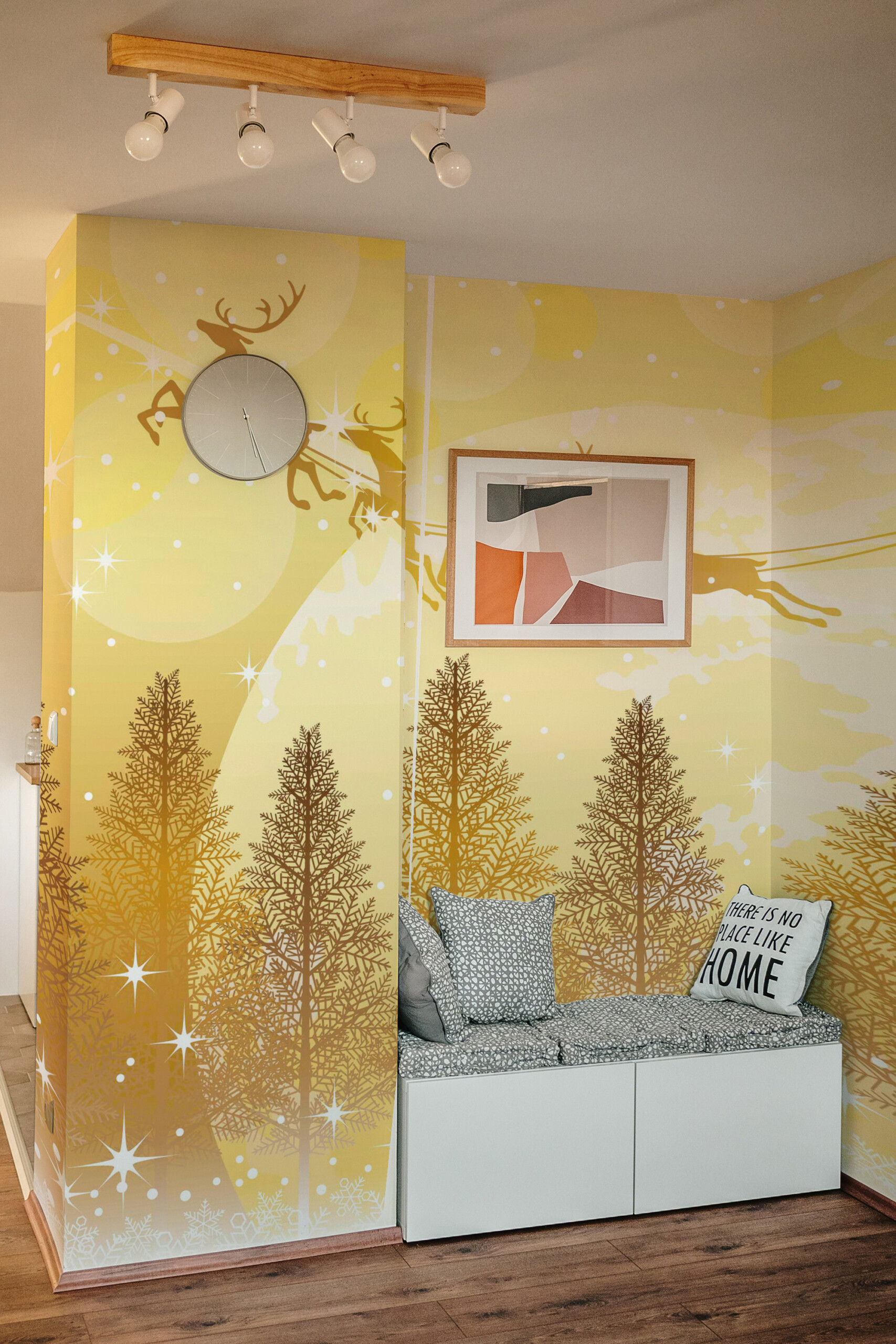 Fancy Walls Christmas Magic wall mural showing Santa’s sleigh over a glowing winter forest.