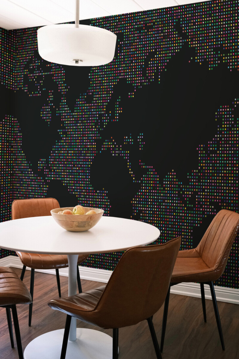 Fancy Walls Dark Dotted World Map wall mural with vibrant multicolor dot pattern on dark background.