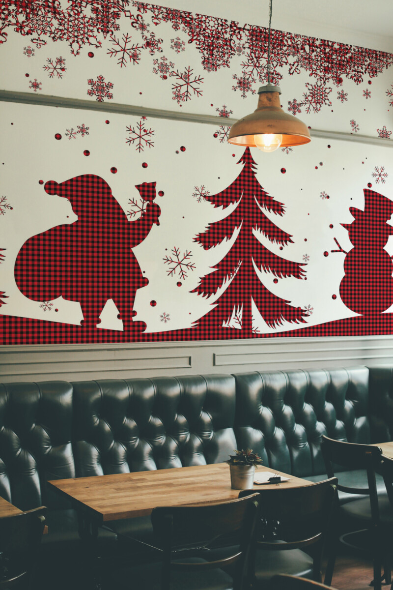 Fancy Walls Cozy Farmhouse Christmas peel and stick wall mural with red tartan festive landscape.