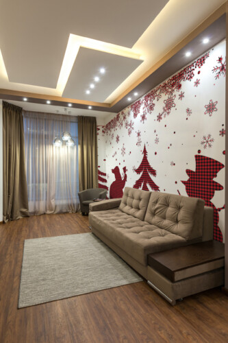 Fancy Walls Cozy Farmhouse Christmas wall mural with rustic winter trees and plaid texture.