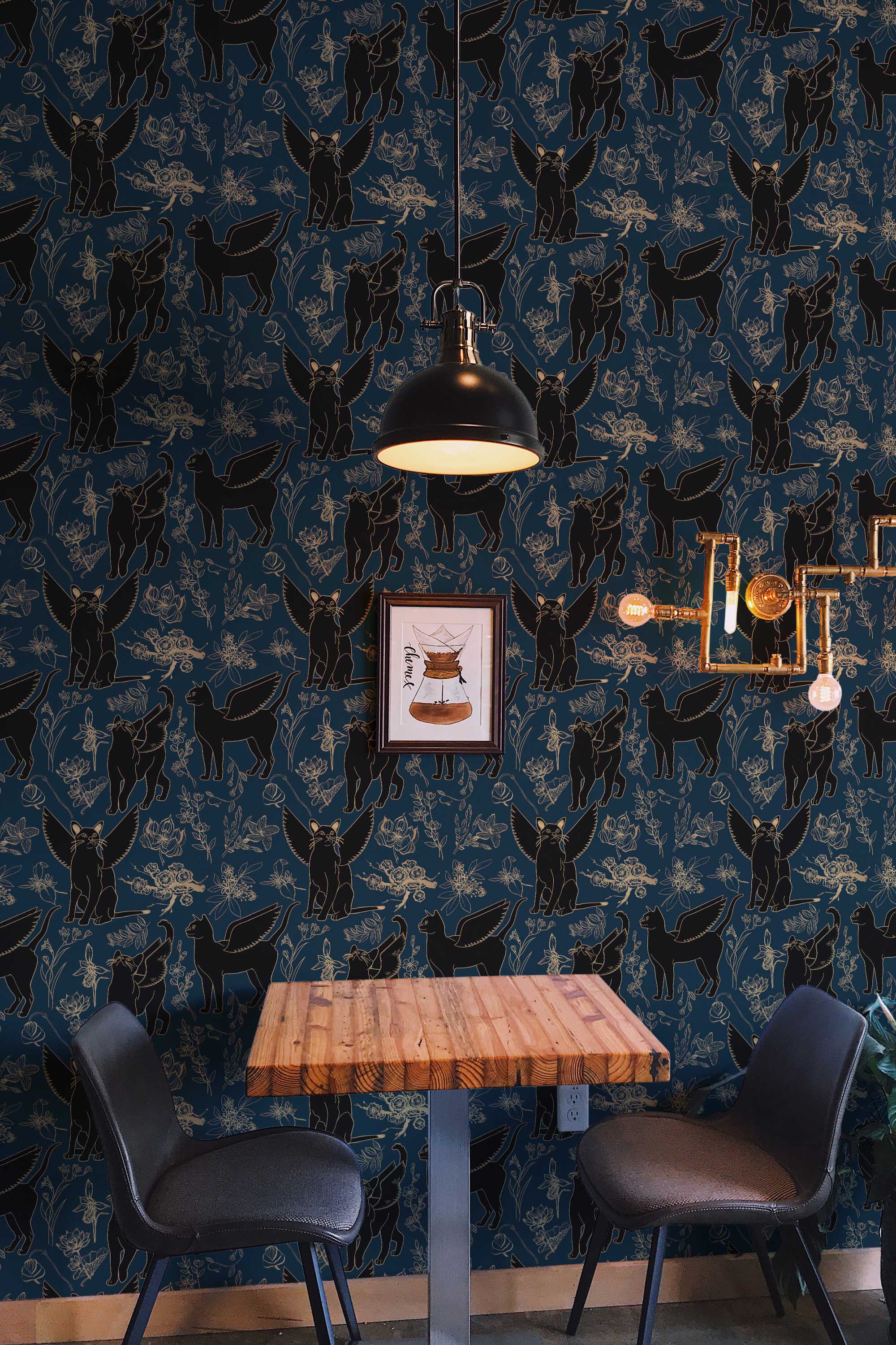 Fancy Walls removable wallpaper displaying whimsical gold cats on deep black for a stylish bold room update.