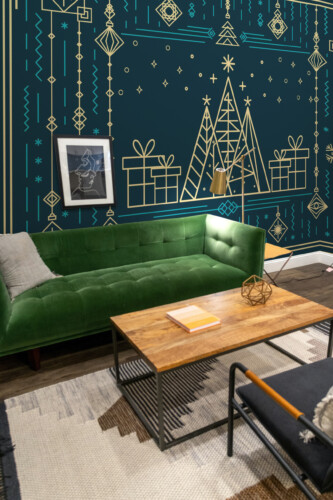 Fancy Walls Elegant Art Deco Christmas peel and stick wall mural with geometric trees and gift motifs in green and gold.