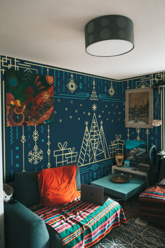 Fancy Walls Elegant Art Deco Christmas wall mural peel and stick design bringing festive glamour to interiors.
