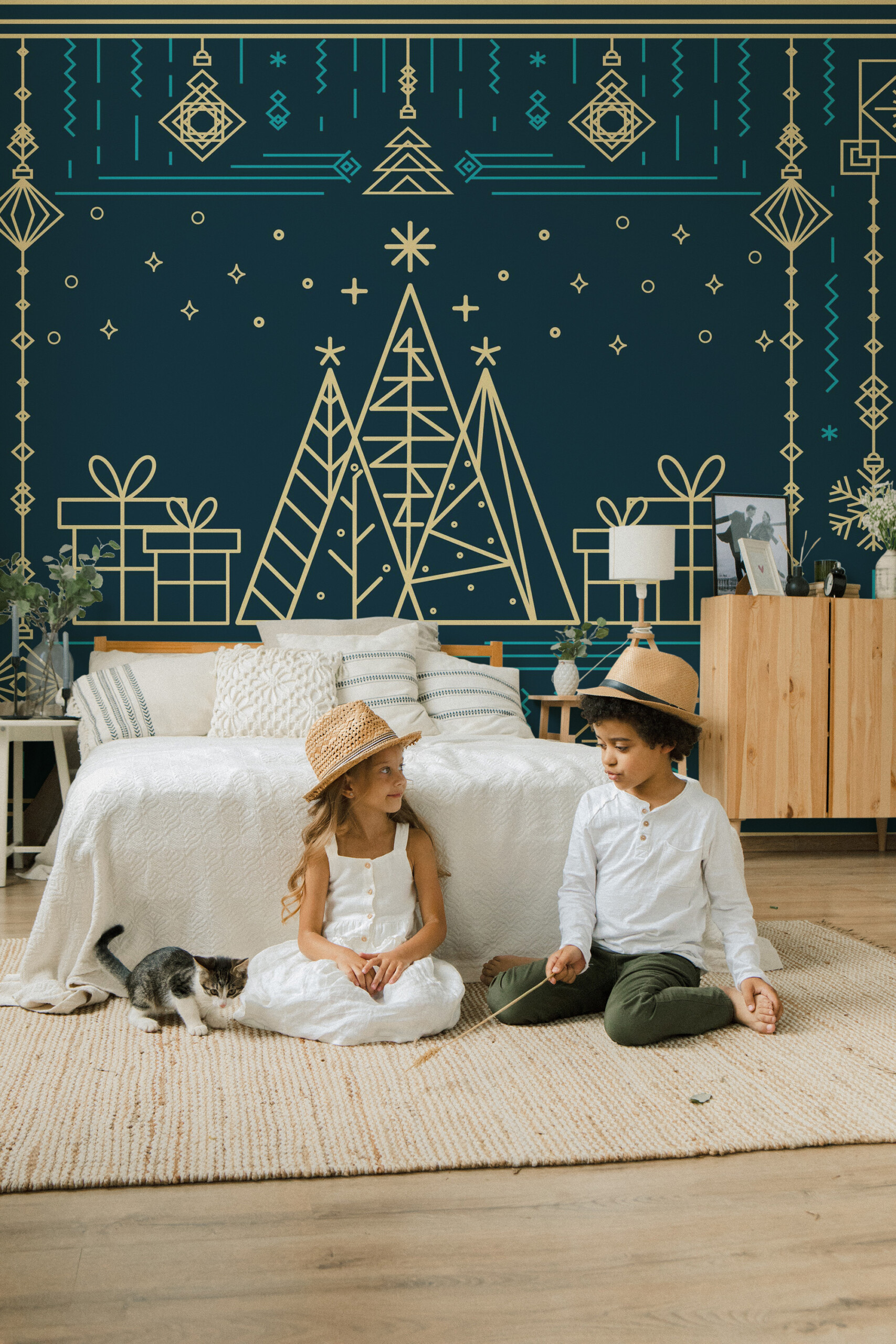 Fancy Walls Elegant Art Deco Christmas wall mural with decorative holiday patterns and retro Art Deco frame.