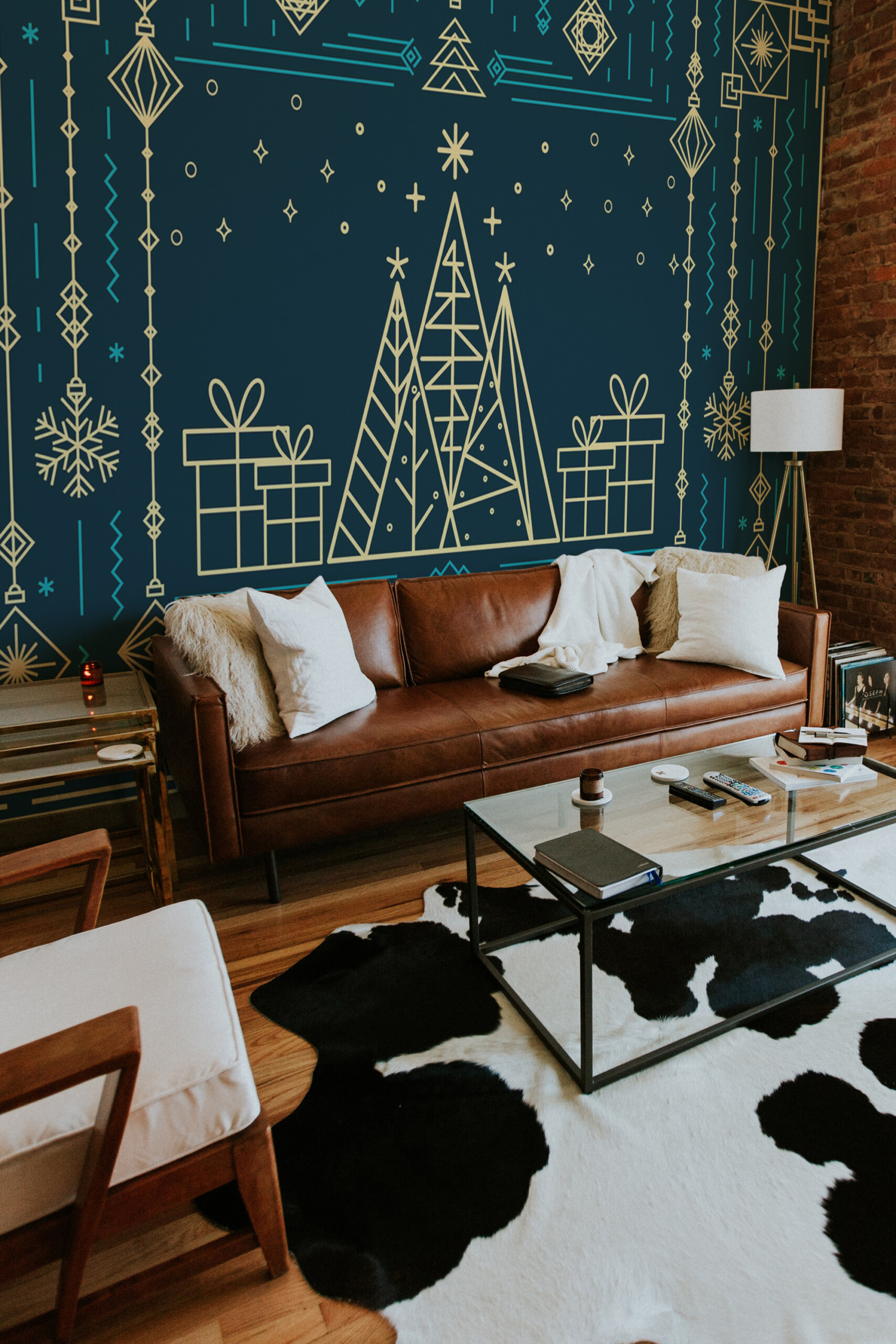 Fancy Walls Elegant Art Deco Christmas wall mural printing with intricate golden ornaments and snowflake details.