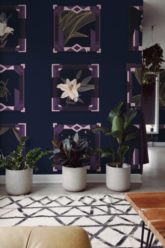 Fancy Walls Elegant Art Deco Frames peel and stick wall mural with gold floral and insect motifs in purple frames.