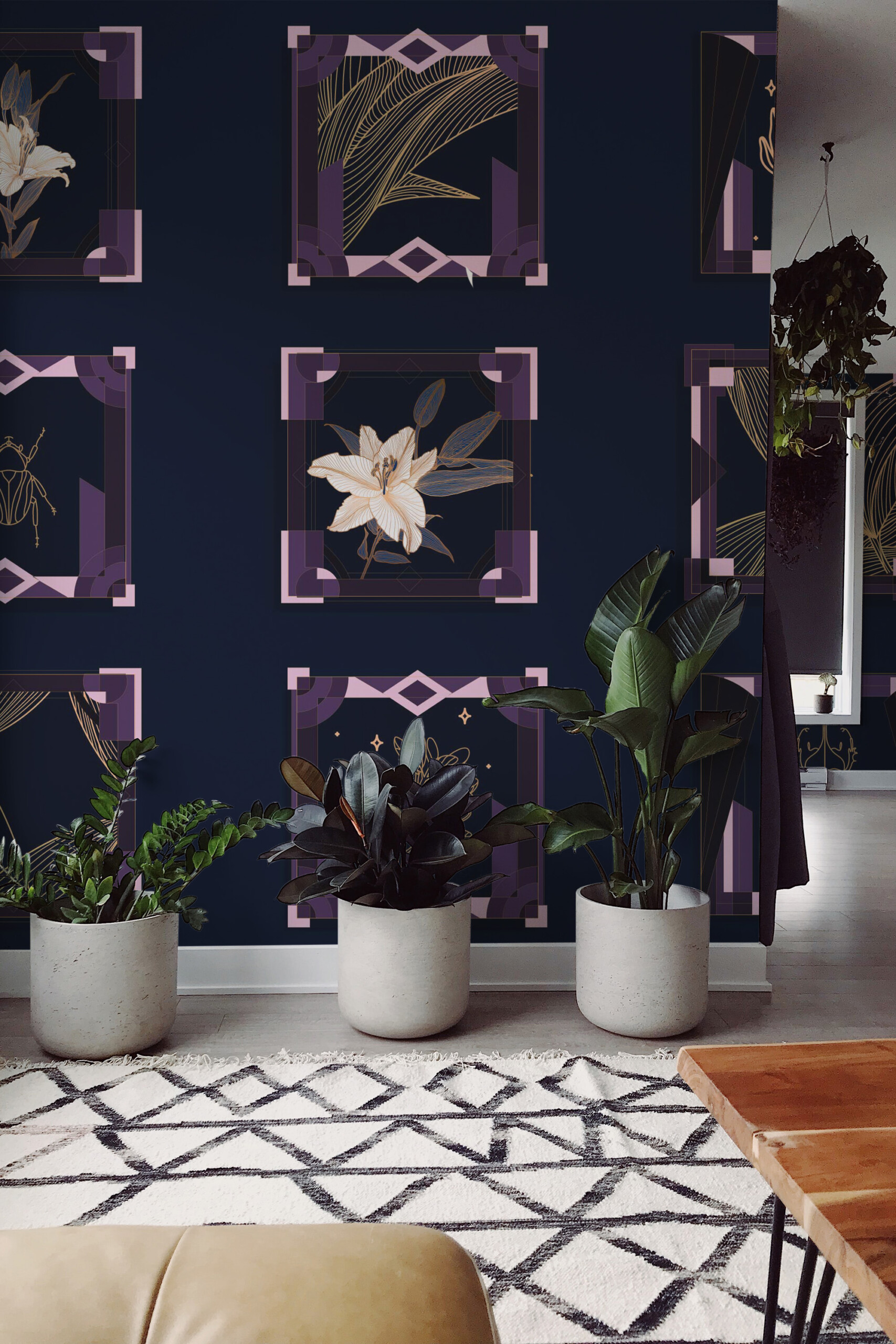 Fancy Walls Elegant Art Deco Frames peel and stick wall mural with gold floral and insect motifs in purple frames.