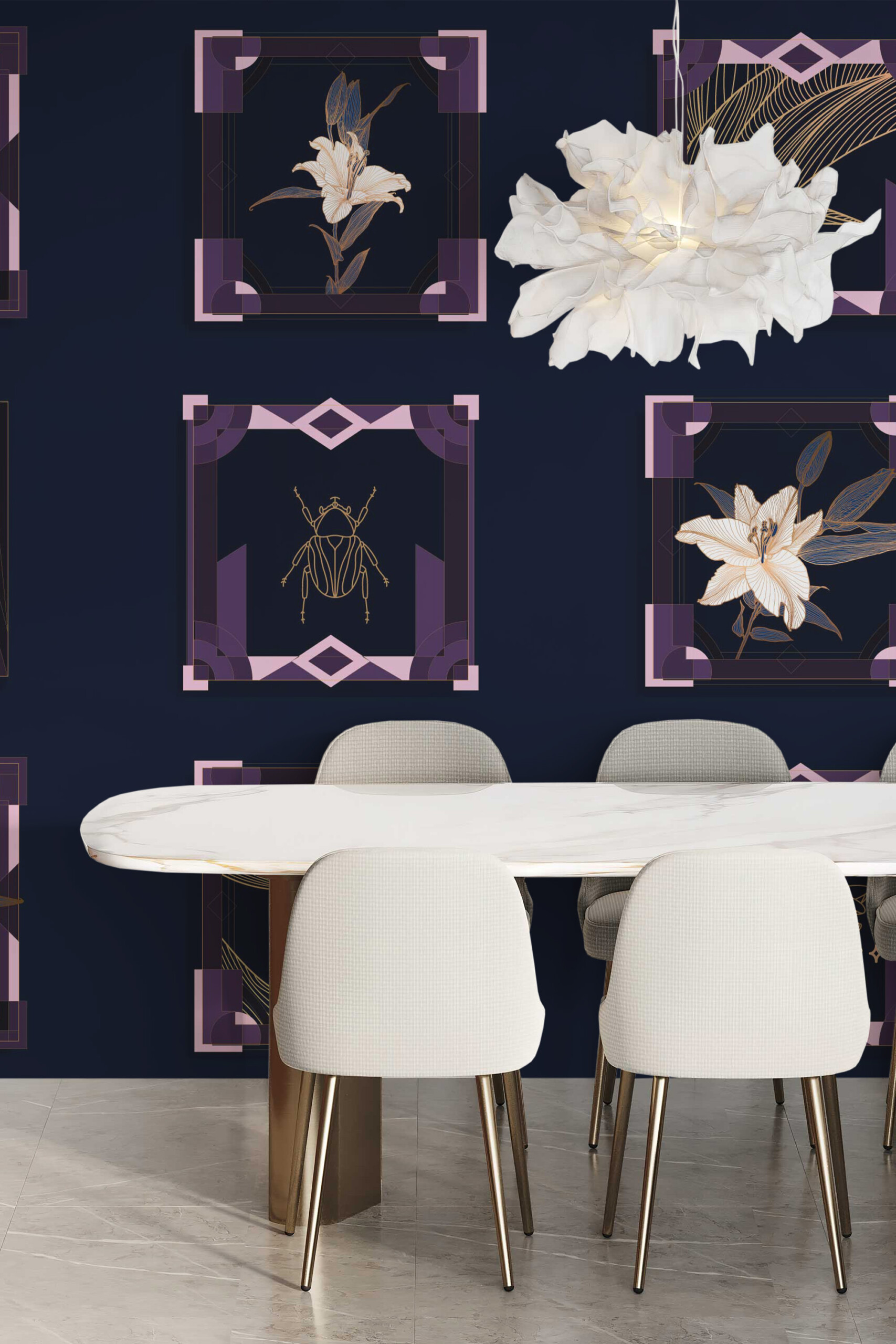 Fancy Walls Elegant Art Deco Frames wall mural peel and stick design featuring luxurious botanical details.