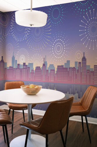 Fancy Walls Festive Cityscape commercial peel and stick wall mural for holiday interiors.