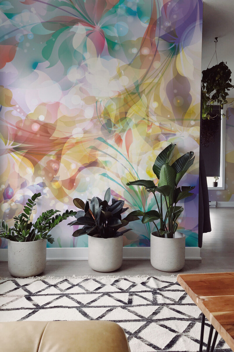 Frosted Blooms peel and stick wall mural by Fancy Walls with colorful abstract overlapping florals.