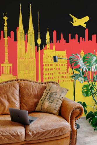 Fancy Walls German Colors Landmarks peel and stick wall mural with yellow landmark silhouettes on flag background.