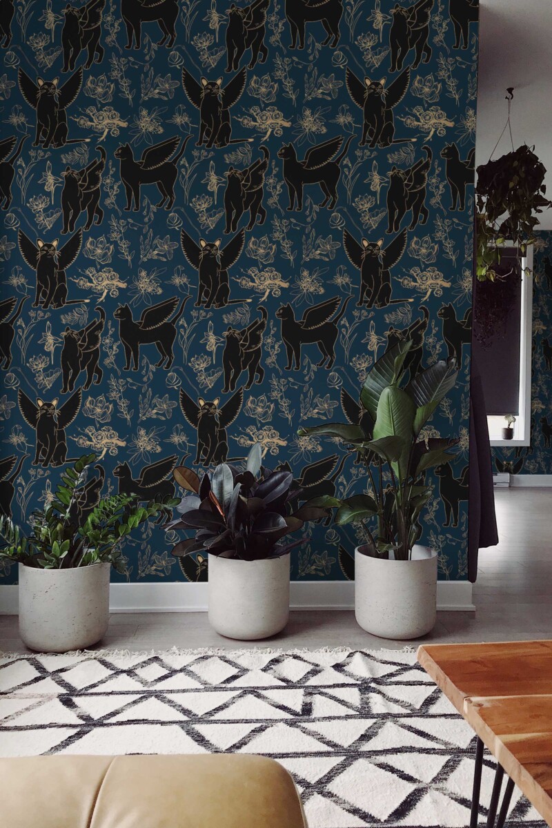Fancy Walls traditional wallpaper with decorative gold cats on black perfect for bold maximalist décor.