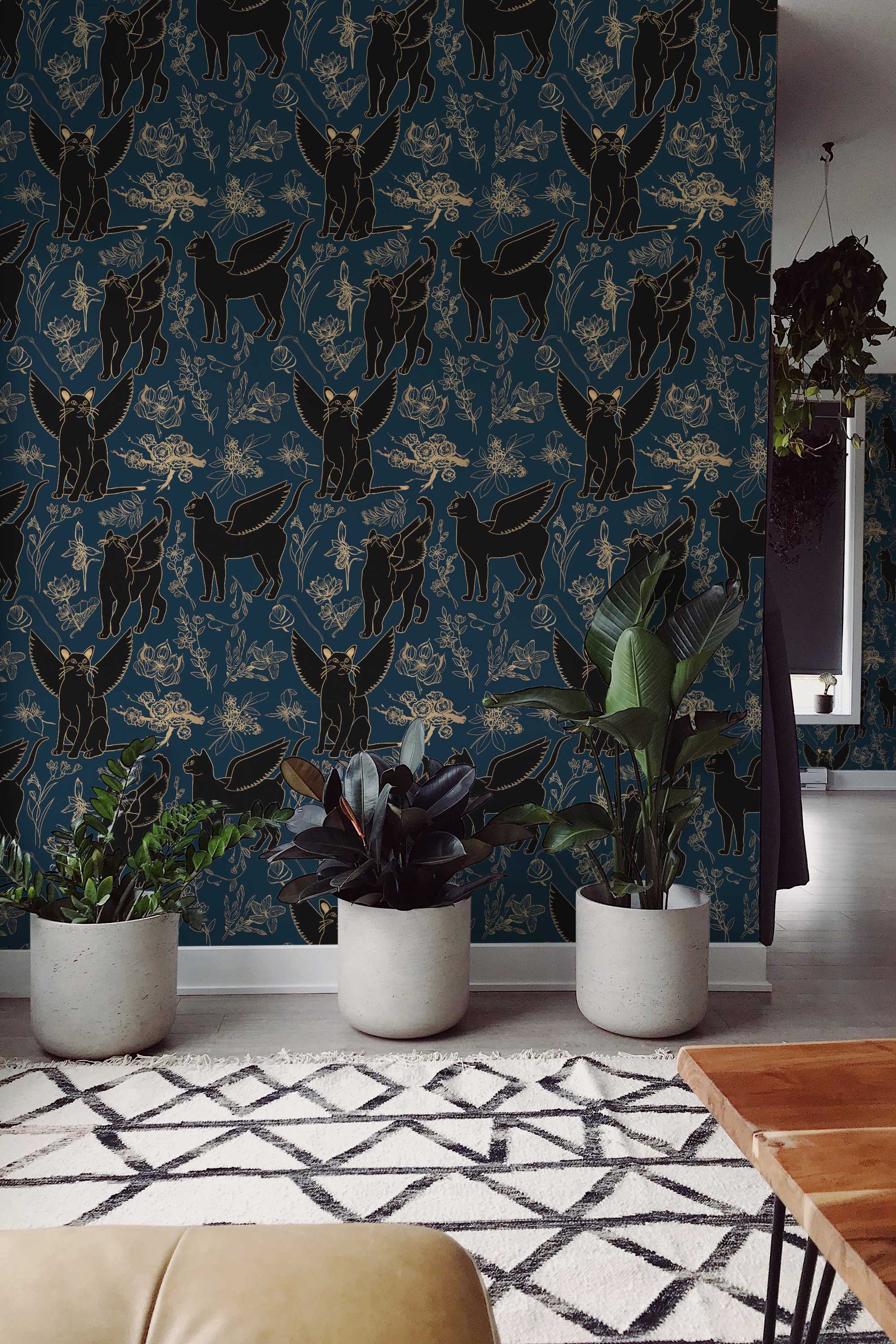 Fancy Walls traditional wallpaper with decorative gold cats on black perfect for bold maximalist décor.