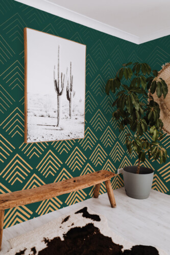 Fancy Walls Golden Green Deco Harmony peel and stick wall mural with elegant Art Deco chevron pattern.