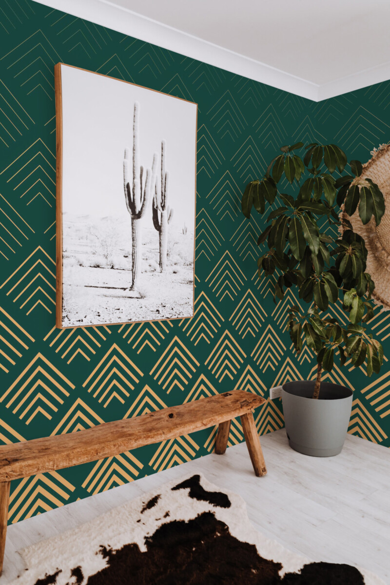 Fancy Walls Golden Green Deco Harmony peel and stick wall mural with elegant Art Deco chevron pattern.