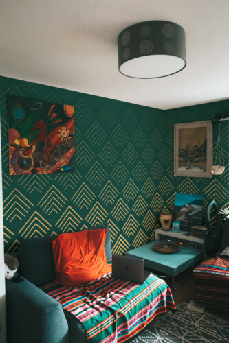 Fancy Walls Golden Green Deco Harmony wall mural peel and stick design blending gold and green gradient lines.