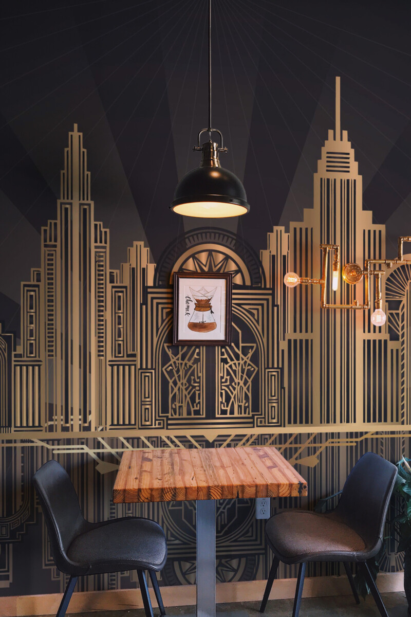 Fancy Walls Golden Skyline peel and stick wall mural with elegant gold Art Deco cityscape on dark background.