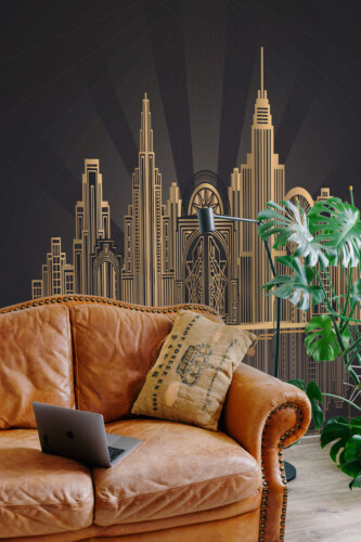 Fancy Walls Golden Skyline wall mural peel and stick design featuring geometric skyscrapers and city reflection.