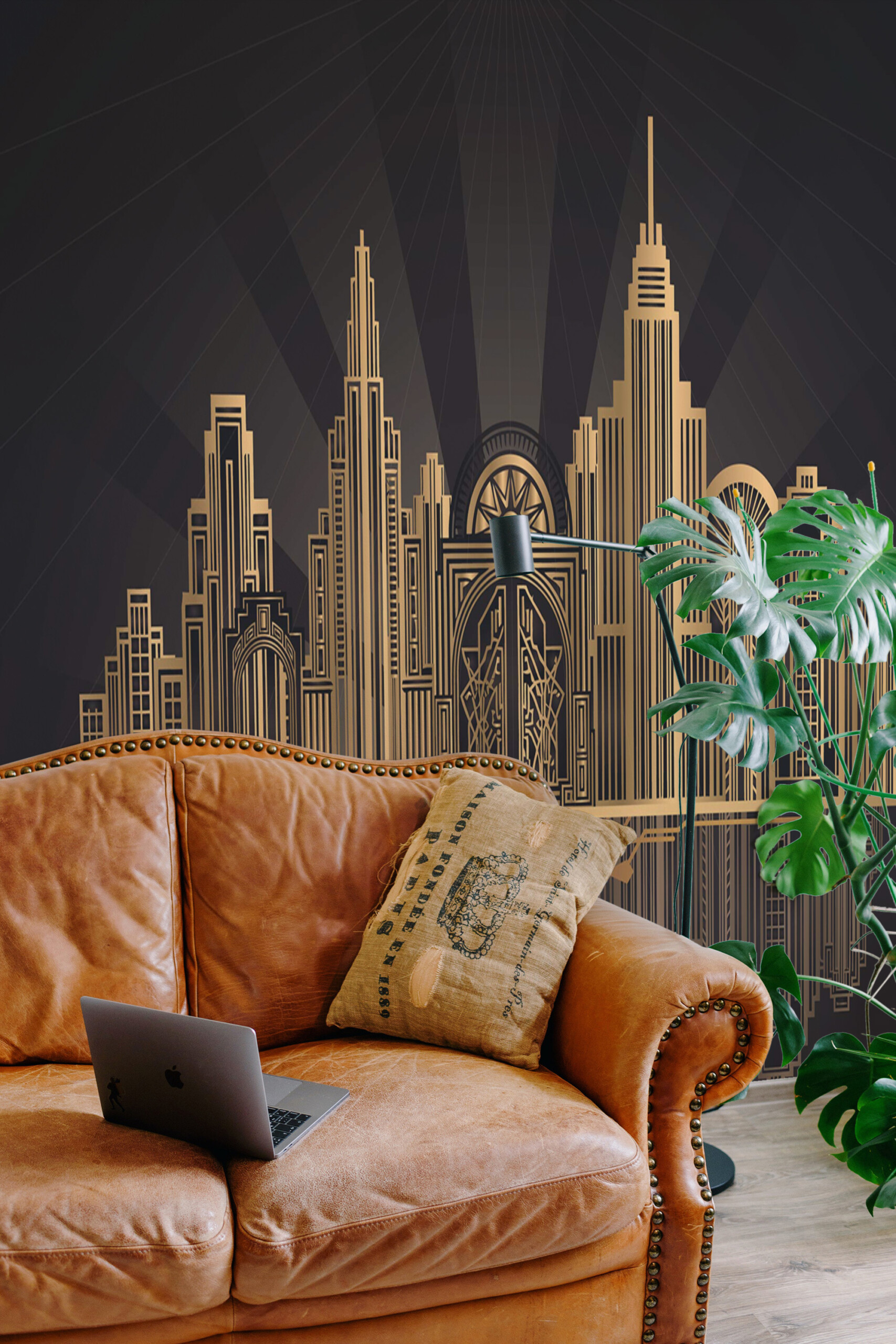 Fancy Walls Golden Skyline wall mural peel and stick design featuring geometric skyscrapers and city reflection.