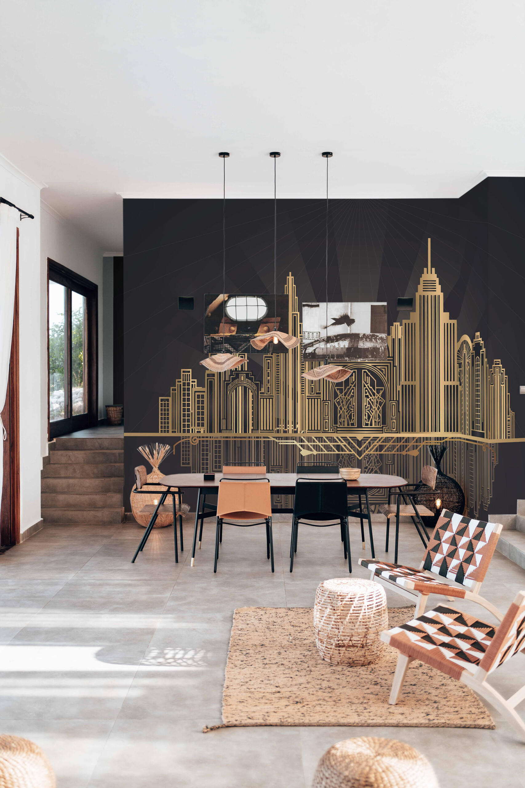Fancy Walls Golden Skyline wall mural with shimmering black and gold Art Deco architecture.