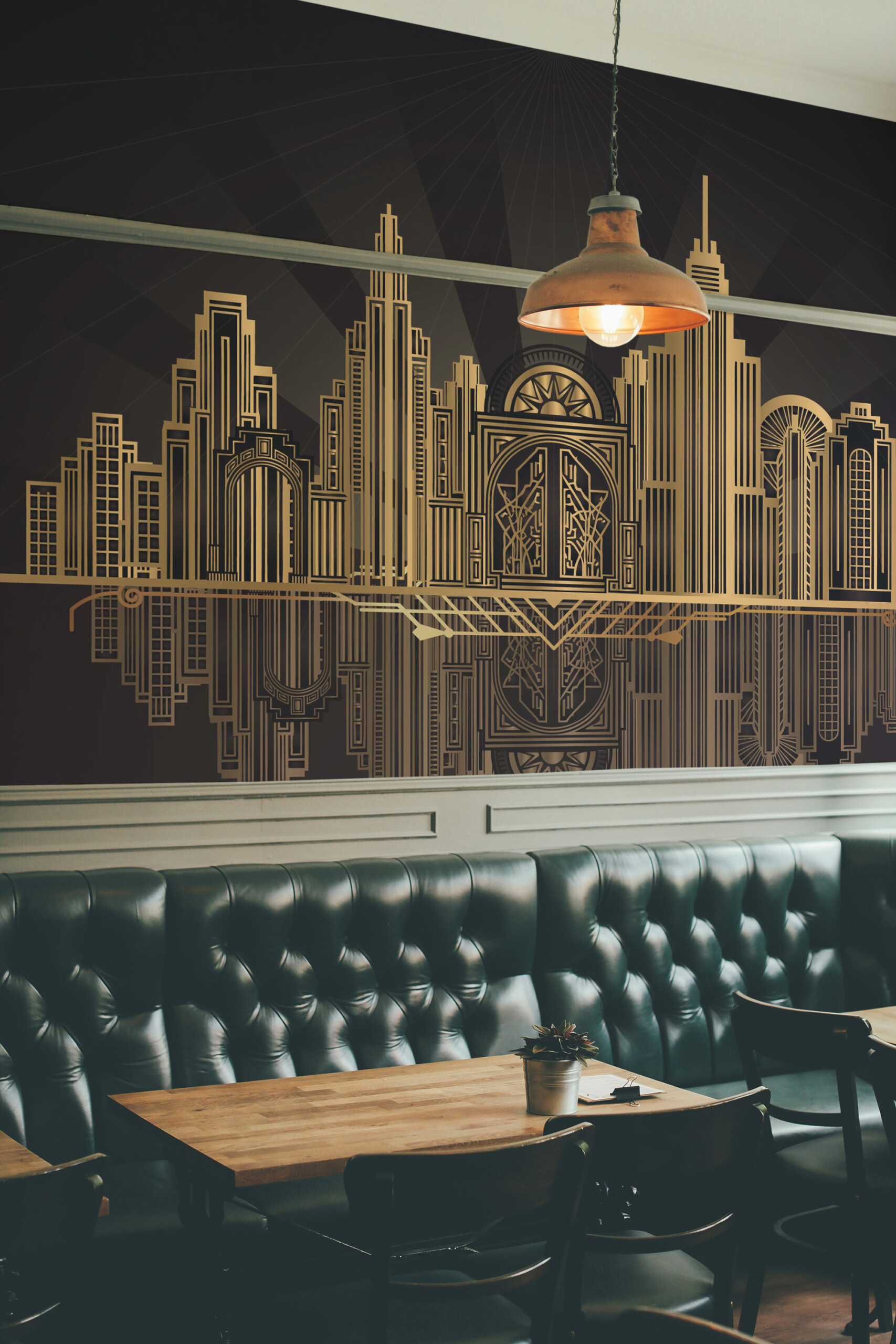 Fancy Walls Golden Skyline wall mural printing inspired by 1920s metropolitan glamour.