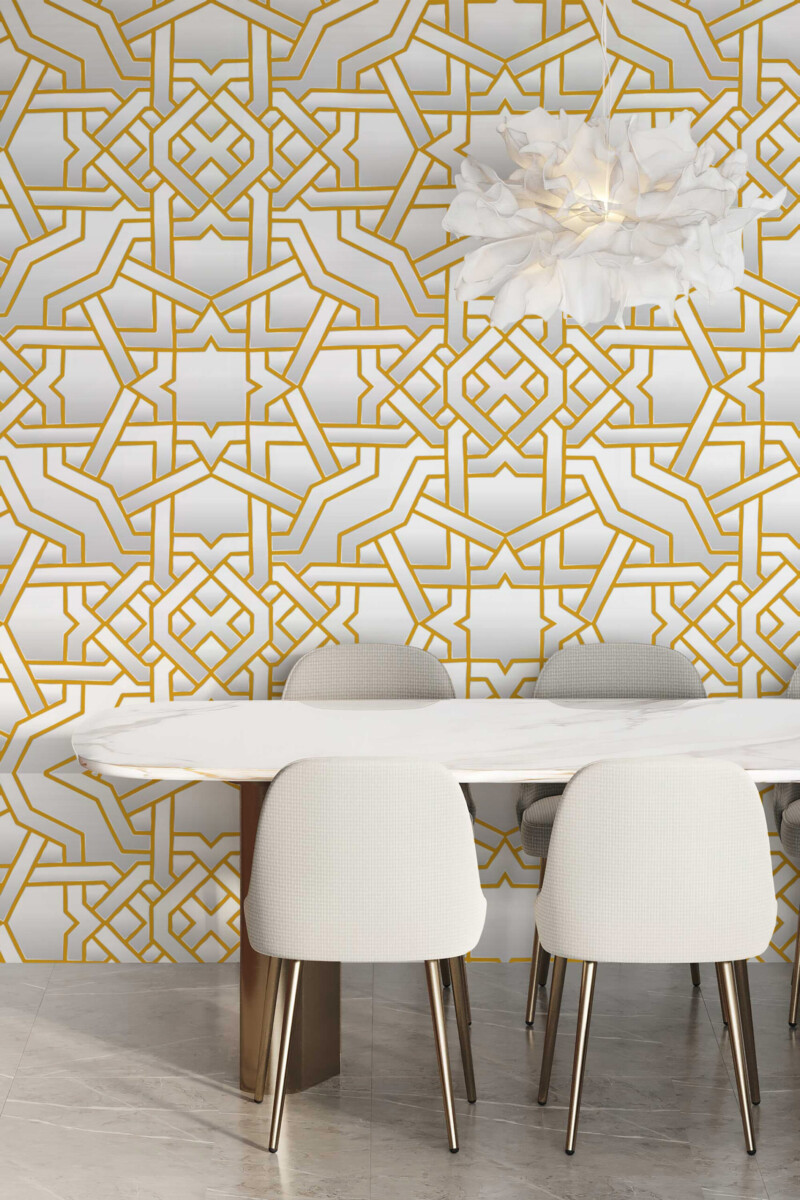 Fancy Walls Golden White Deco Symmetry wall mural peel and stick design featuring intricate gold lattice lines.