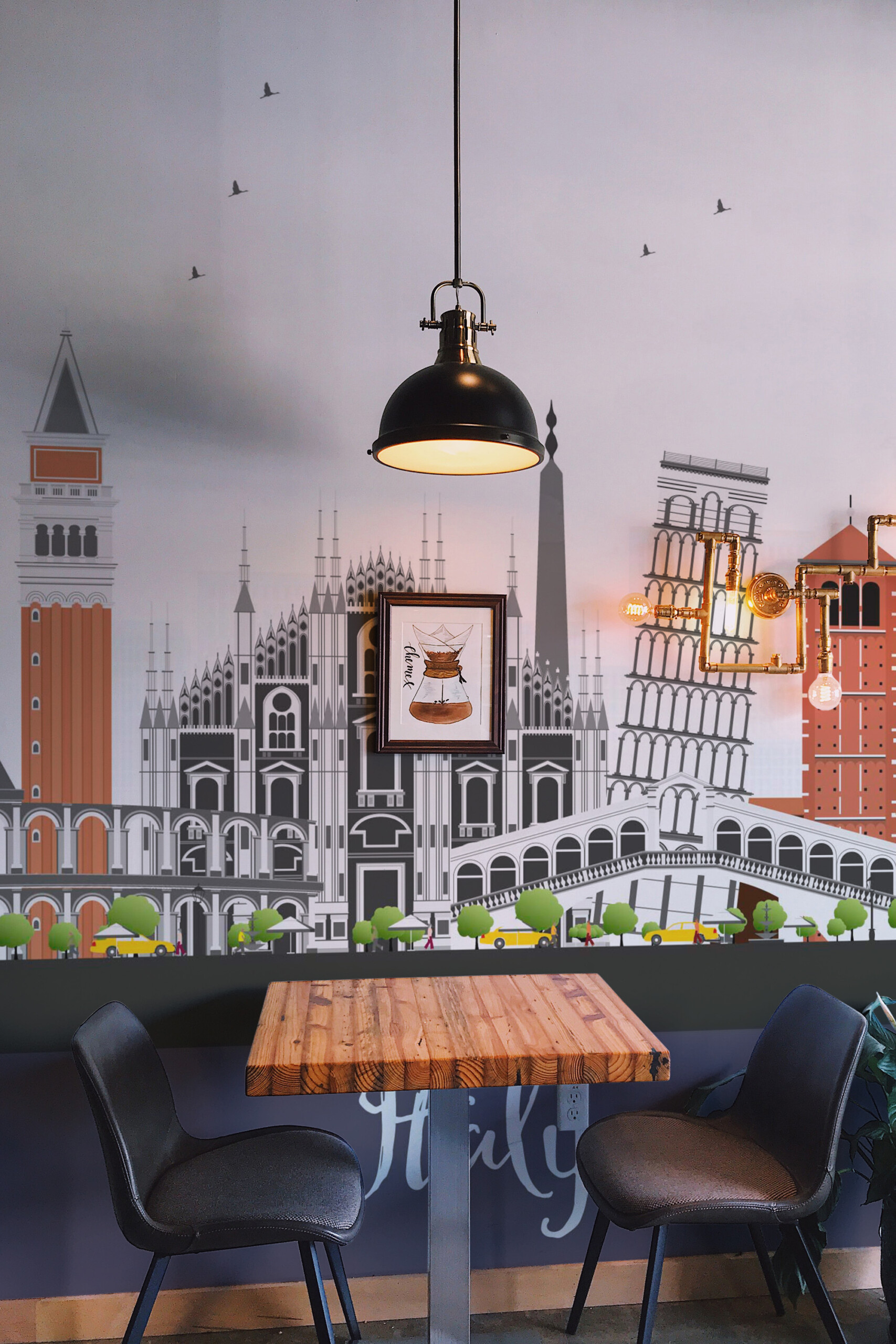 Fancy Walls Italian Modern Landmarks peel and stick wall mural featuring Italy’s iconic skyline in gray tones.