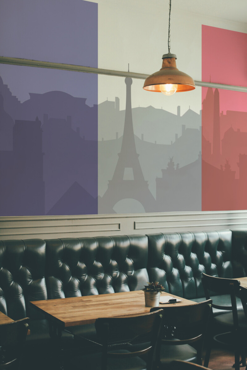 Fancy Walls Paris Tricolor Cityscape wall mural with gray Paris skyline and transparent flag colors.