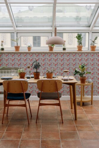 Fancy Walls peel and stick wallpaper featuring gray UK motifs in a cheerful, illustrated style.