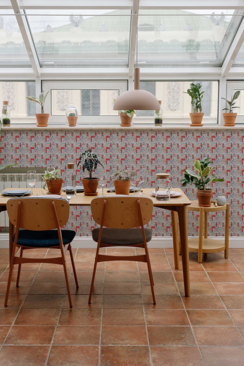 Fancy Walls peel and stick wallpaper featuring gray UK motifs in a cheerful, illustrated style.