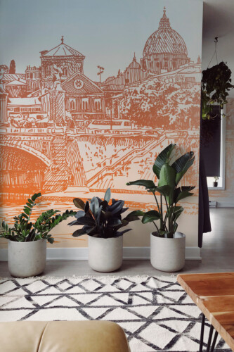 Fancy Walls Italian Cityscape Sketch peel and stick wall mural featuring hand-drawn Rome skyline in warm orange tones.