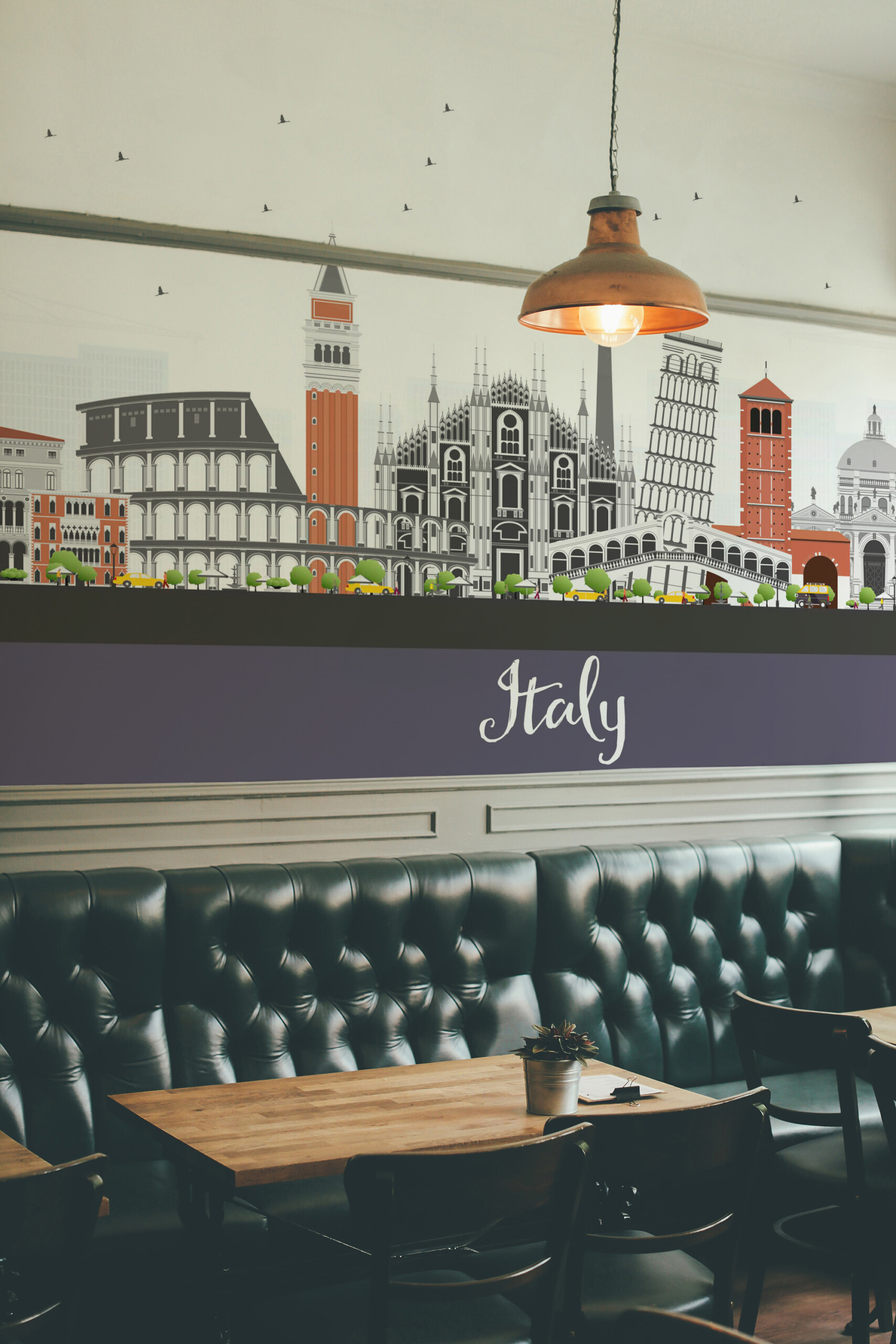 Fancy Walls Italian Modern Landmarks wall mural with Colosseum, Pisa Tower, and Milan Cathedral graphics.