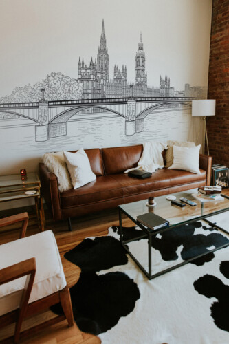 Fancy Walls London Sketch Wall Mural wall mural peel and stick featuring black and white London cityline illustration.