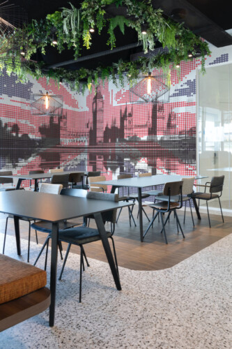 Fancy Walls Mosaic London Skyline wall mural peel and stick showing red mosaic flag and modern London skyline.