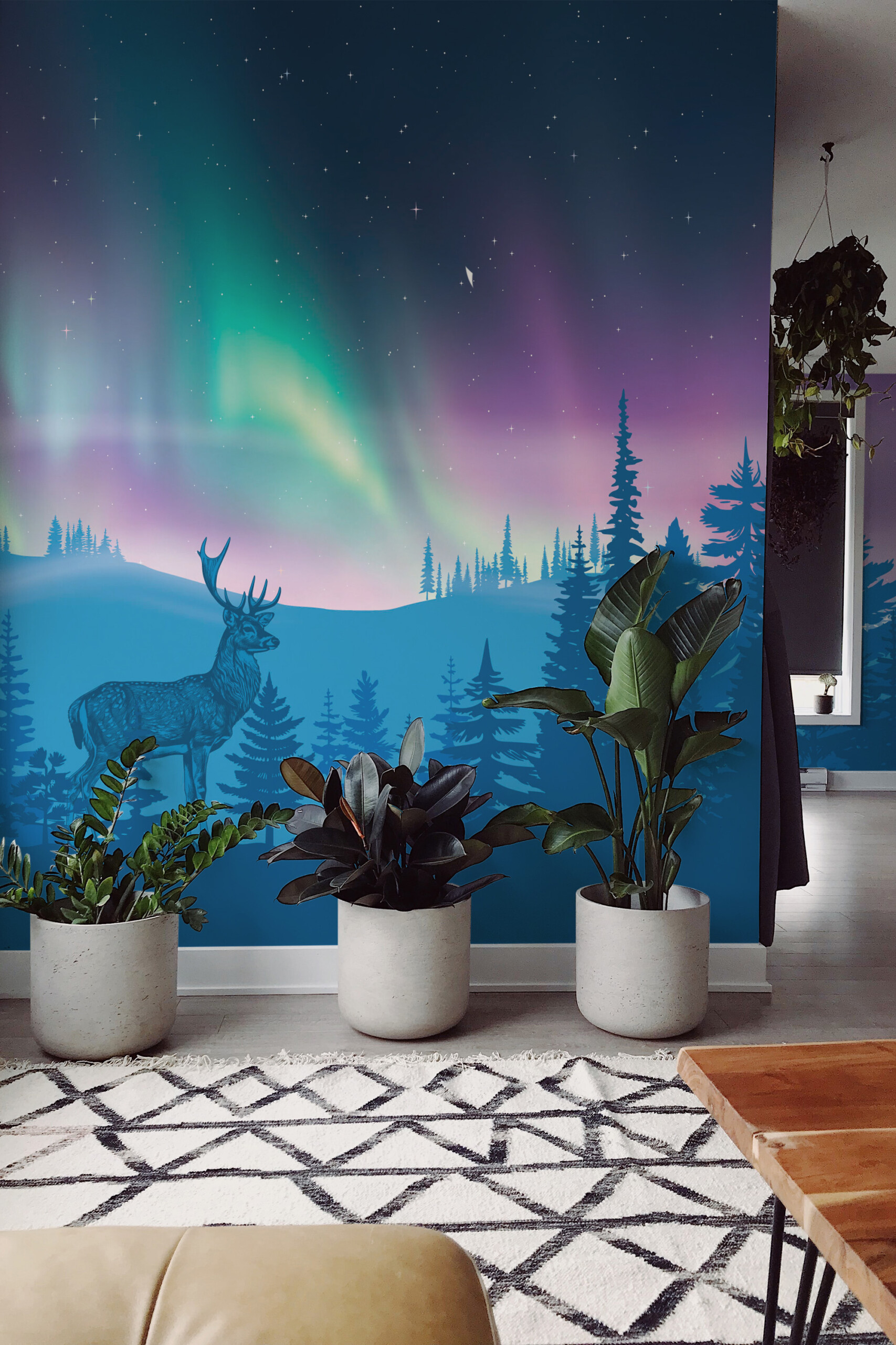 Fancy Walls Majestic Northern Lights Deer wall mural peel and stick design featuring deer in snowy forest.