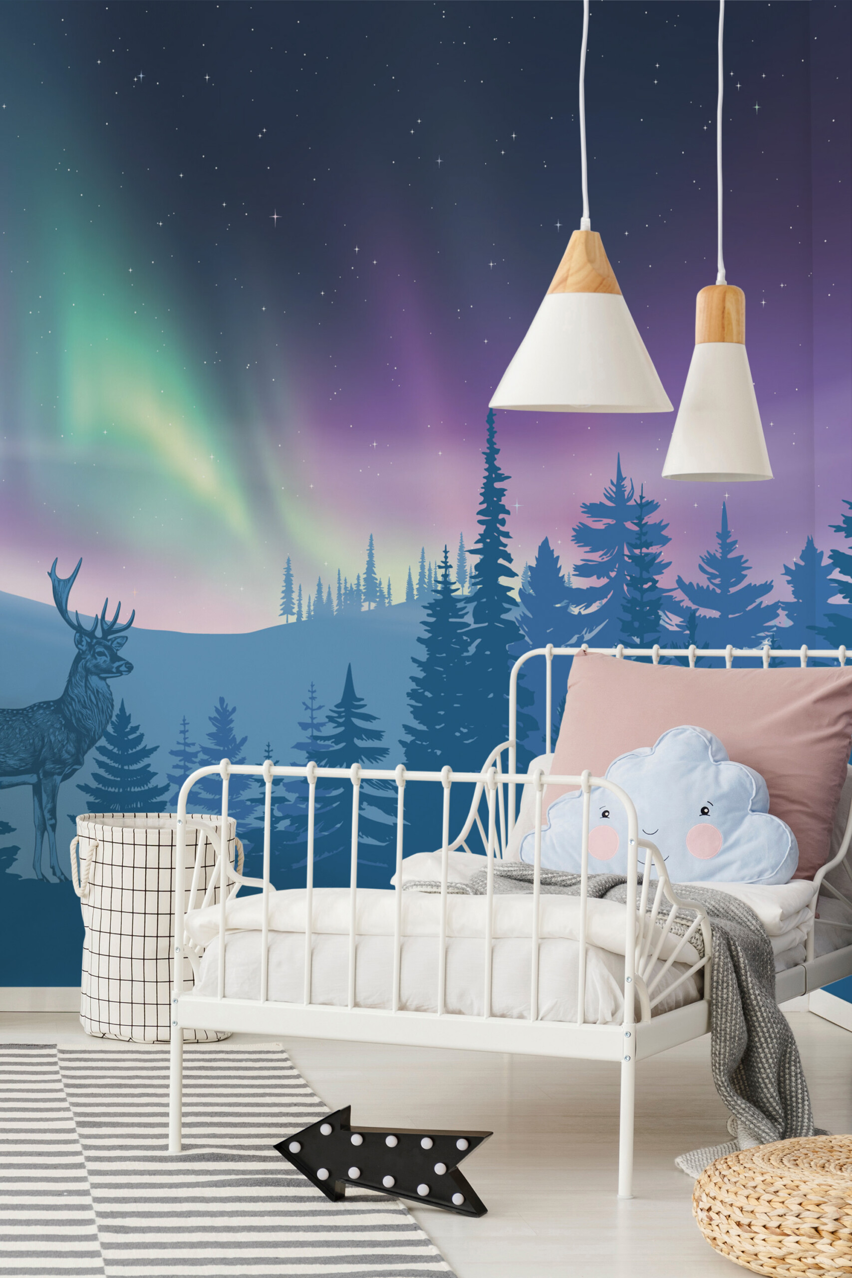 Fancy Walls Majestic Northern Lights Deer wall mural printing showcasing serene winter landscape.