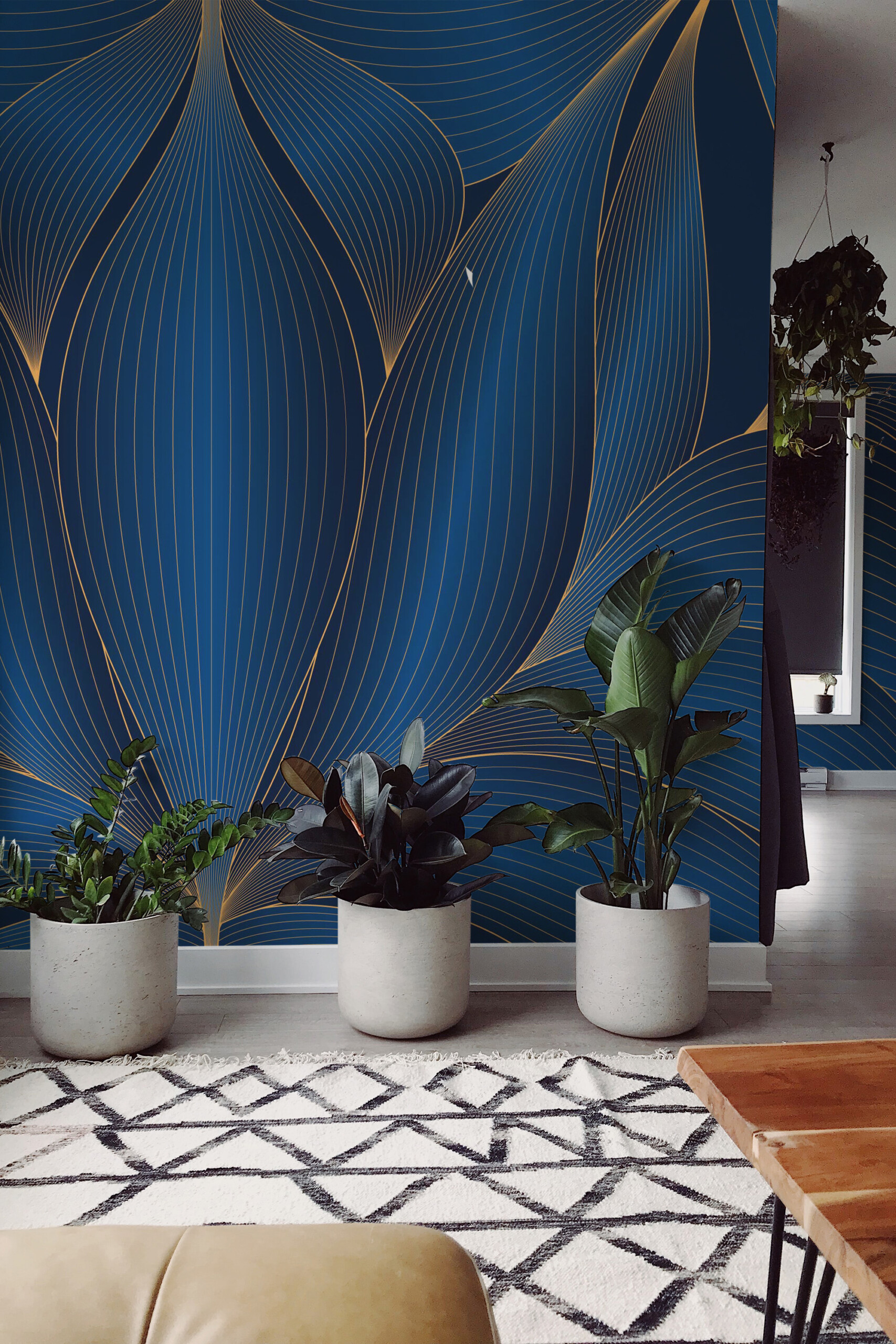 Fancy Walls Midnight Deco Waterlily peel and stick wall mural with flowing blue and gold Art Deco lines.