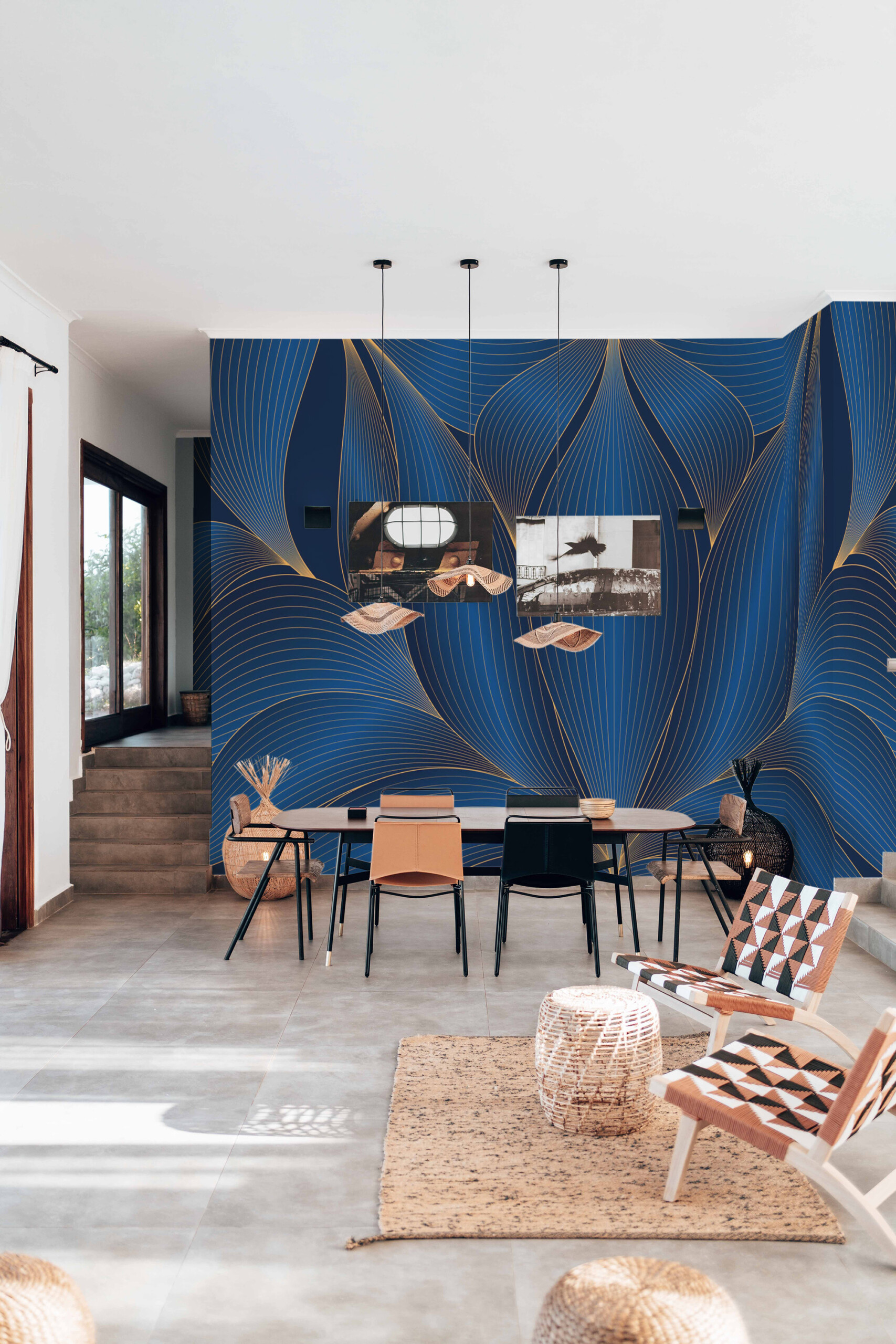 Fancy Walls Midnight Deco Waterlily wall mural with luxurious blue floral Art Deco pattern.