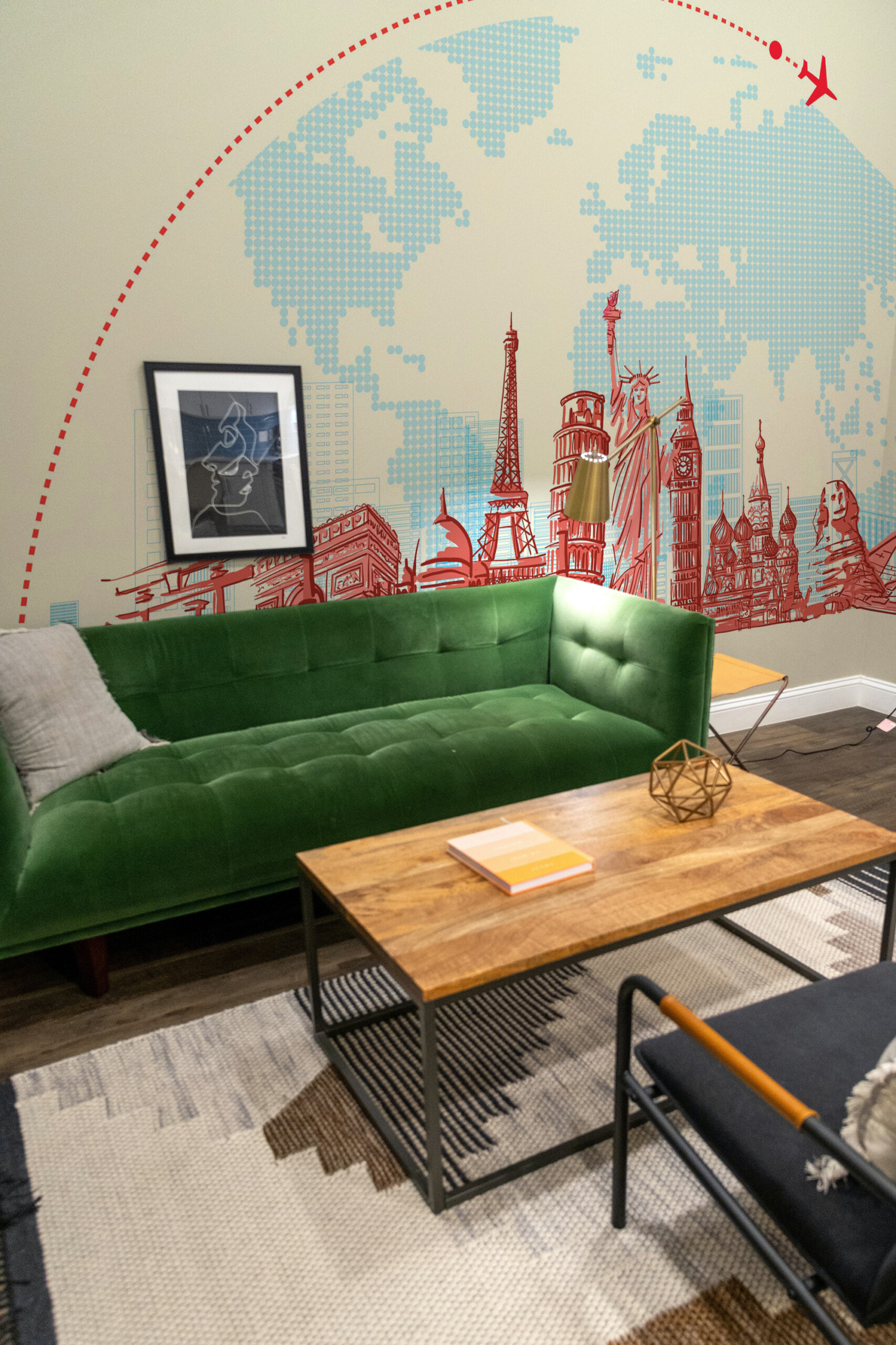 Fancy Walls printed wall mural Multicultural Travel Landmarks with a modern beige world map design.