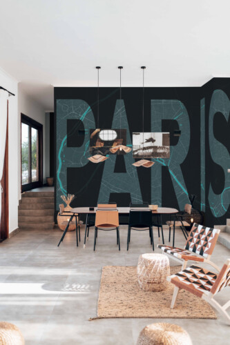 Fancy Walls Paris Noir Map wall mural showing bold PARIS lettering filled with fine map details.