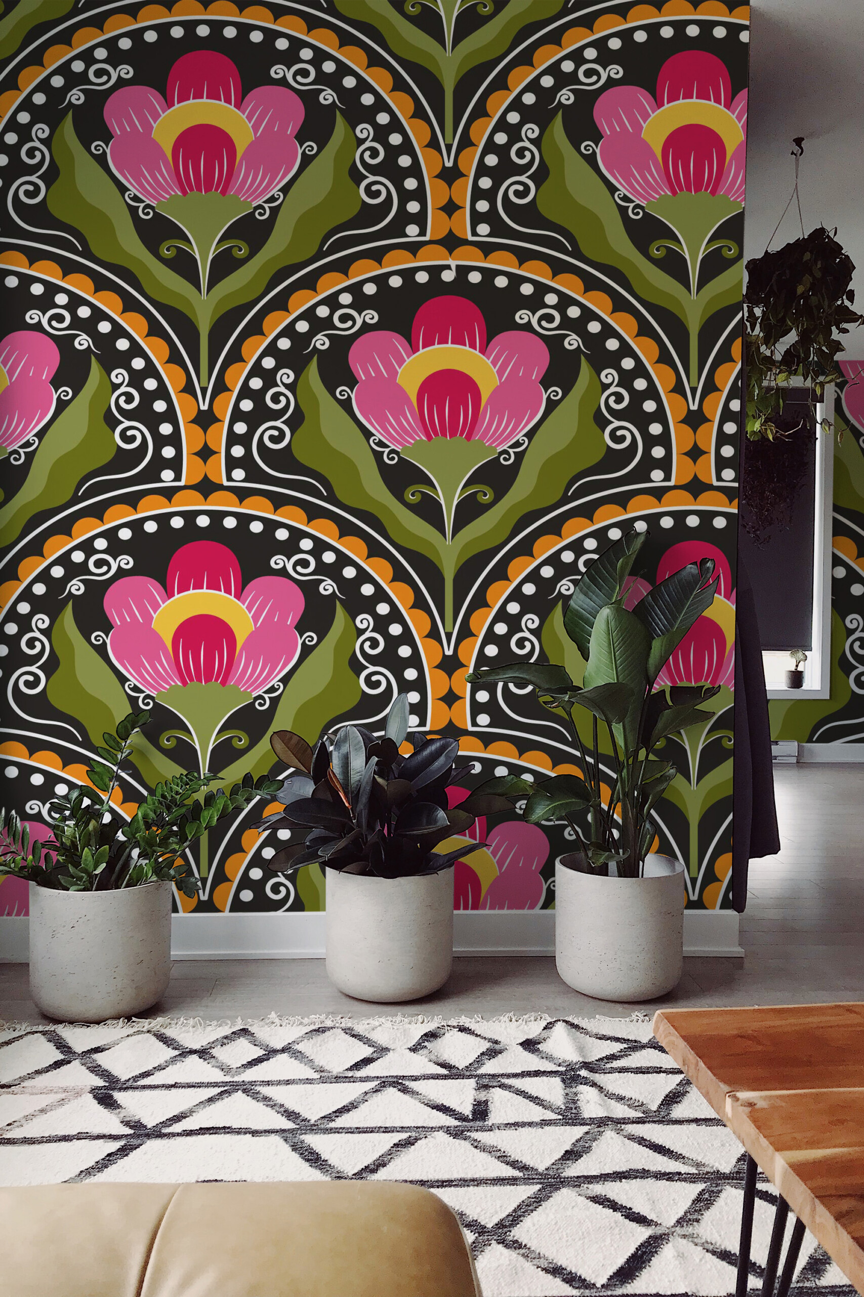 Fancy Walls Pink Art Deco Florals peel and stick wall mural with bold floral scallop pattern in pink and green.