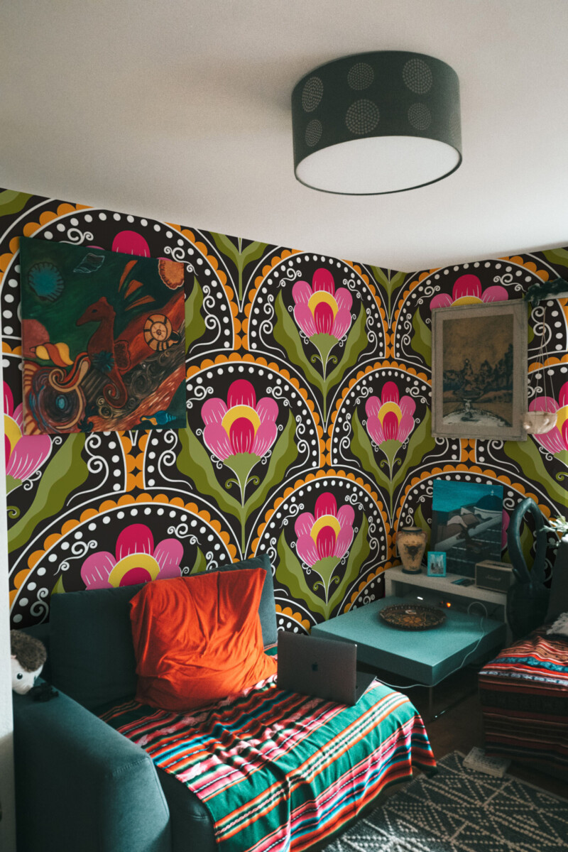 Fancy Walls Pink Art Deco Florals wall mural peel and stick design adding vintage charm to modern décor.