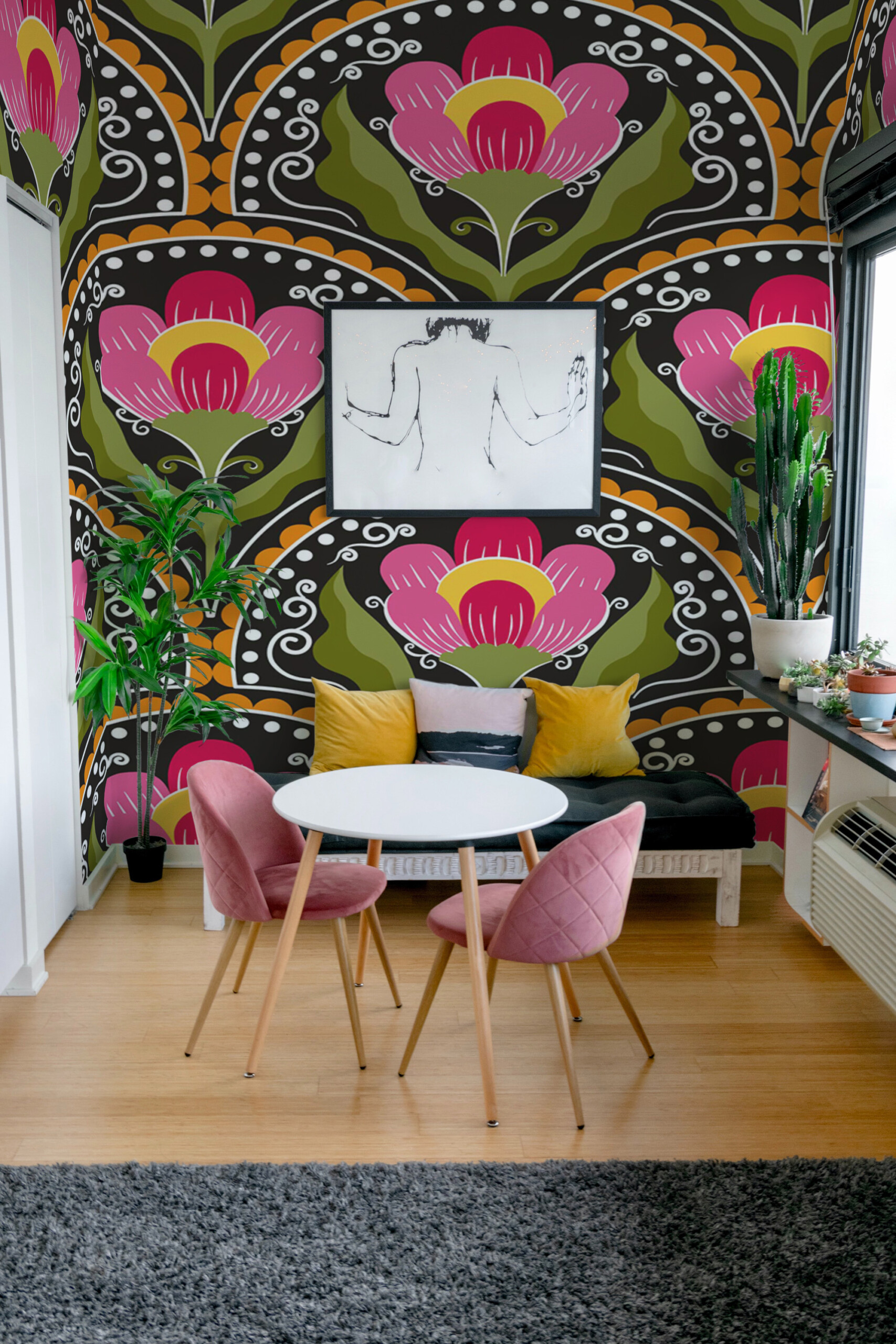 Fancy Walls Pink Art Deco Florals wall mural featuring geometric flowers in black, orange, and pink tones.