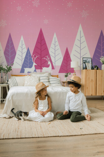 Fancy Walls Preppy Winter Landscape peel and stick wall mural with pink skies and winter silhouettes.